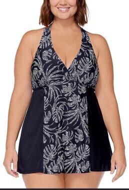 Island Escape Black Tropical Underwire H Back Swim Dress One Piece 22W NWT